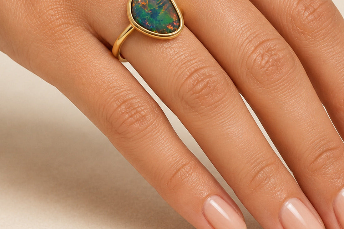 Australian boulder opal ring worn on the hand