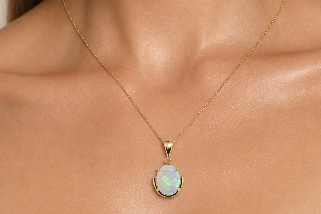 Australian opal pendant worn — the October birthstone