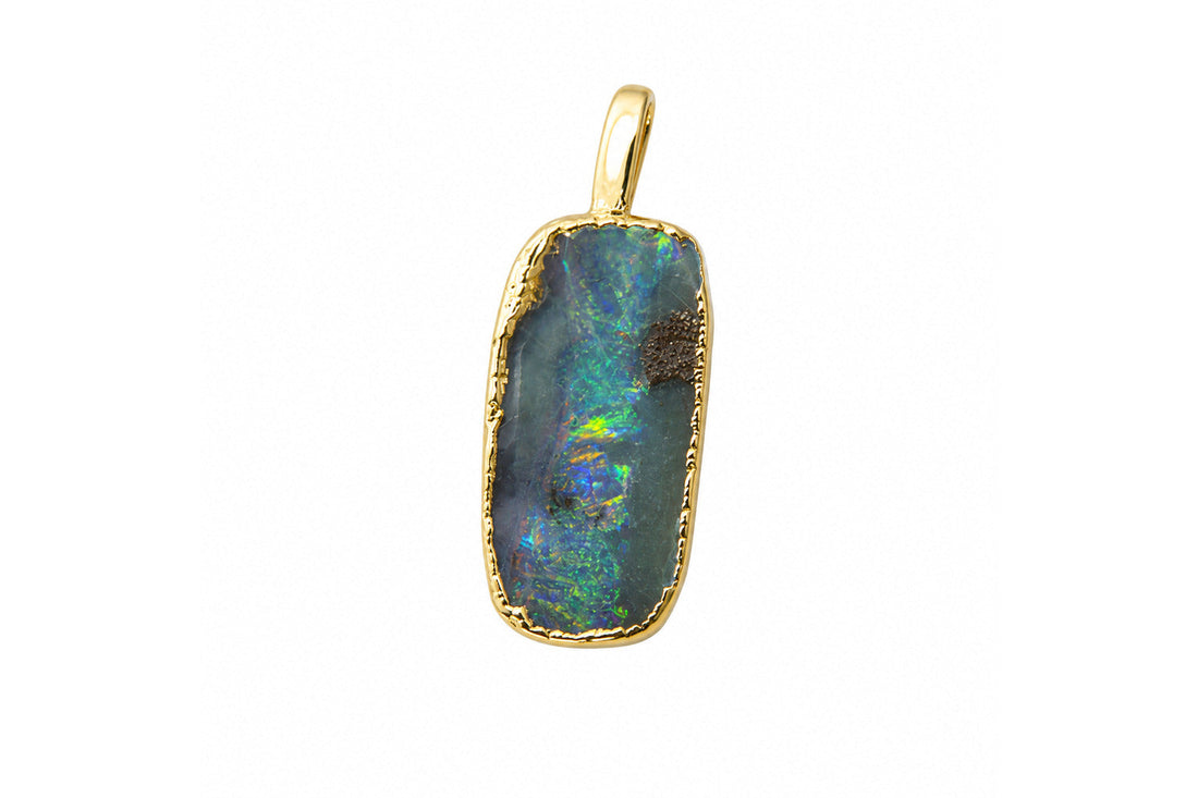 Queensland boulder opal pendant showing ironstone and play-of-colour