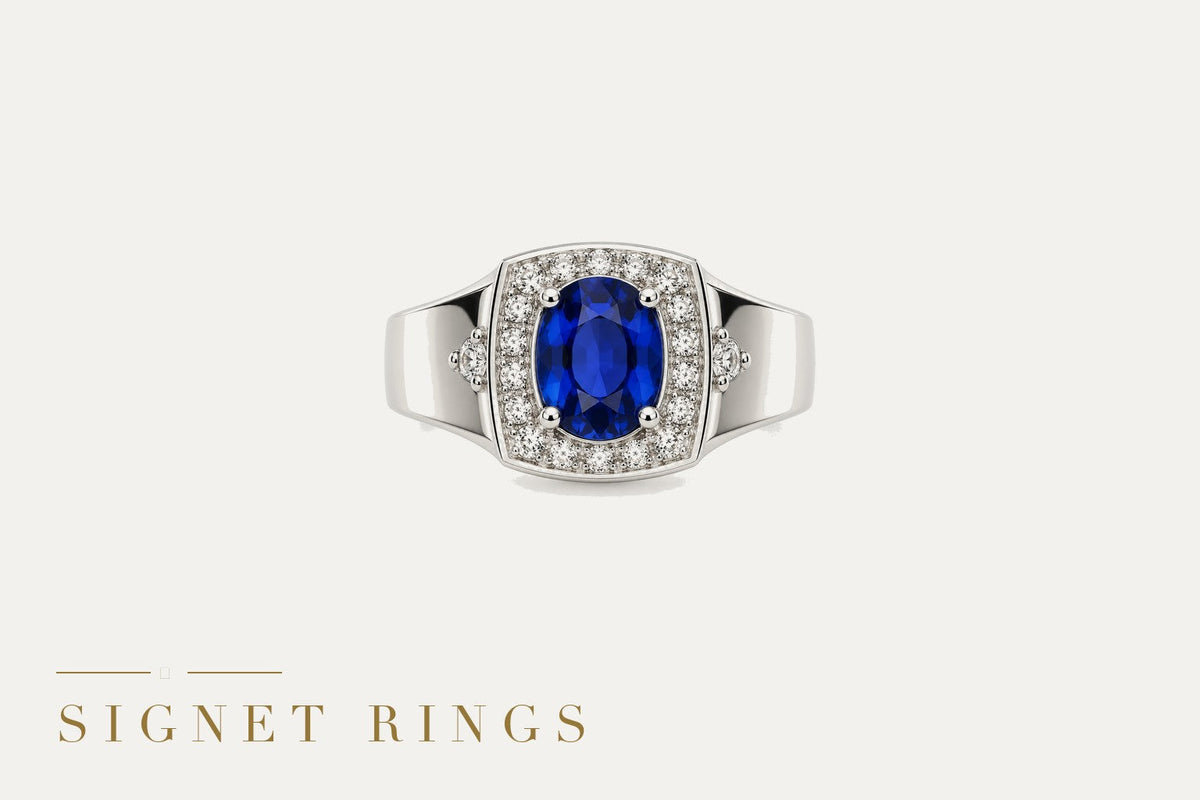 Men's signet rings in gold with natural sapphire, onyx and opal