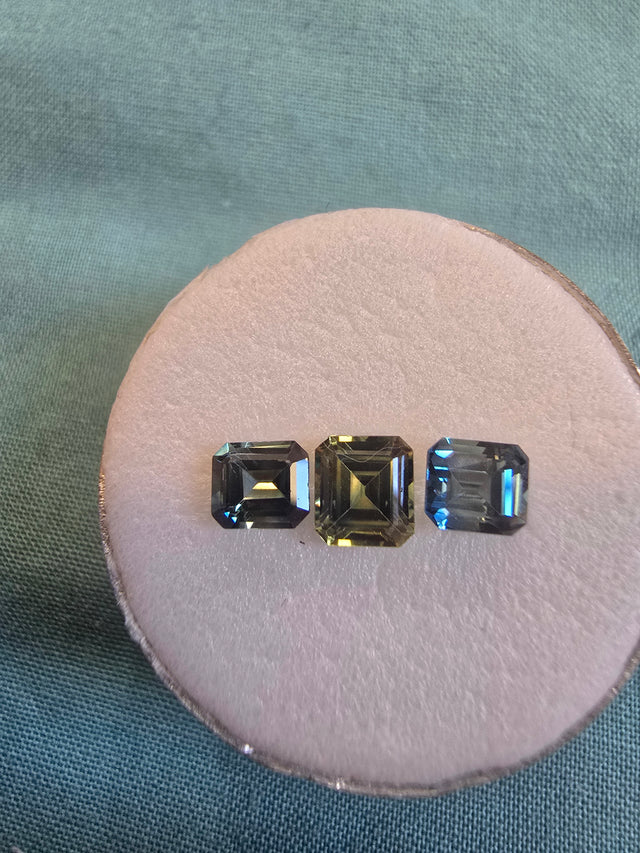 Identification photograph — Matched Trio — Australian Sapphires 2.65ct Total, Emerald Cuts, Stone ID 80187