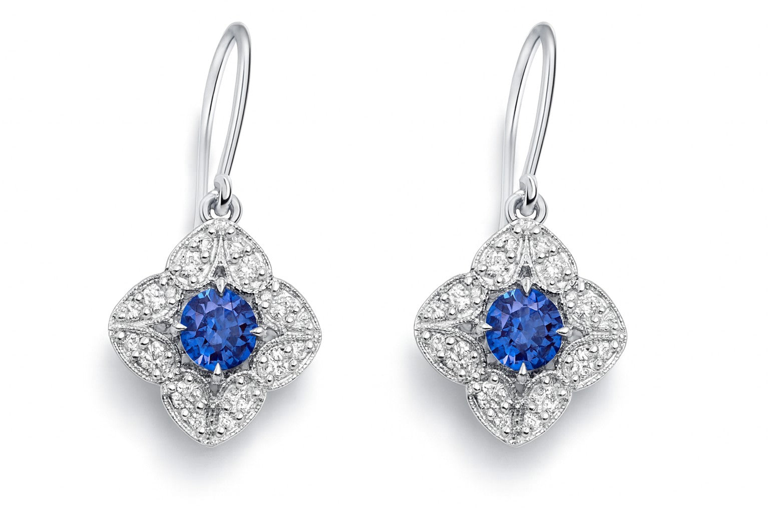 Blue Sapphire Quatrefoil Halo Drops — Ministry of Gems