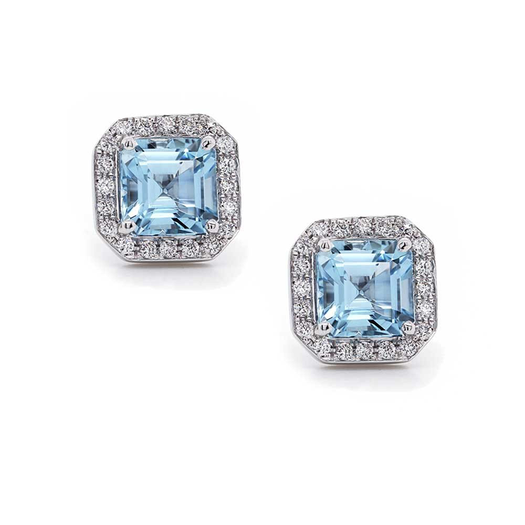Asscher Cut Aquamarine Halo Diamond Studs — Ministry of Gems exclusive design