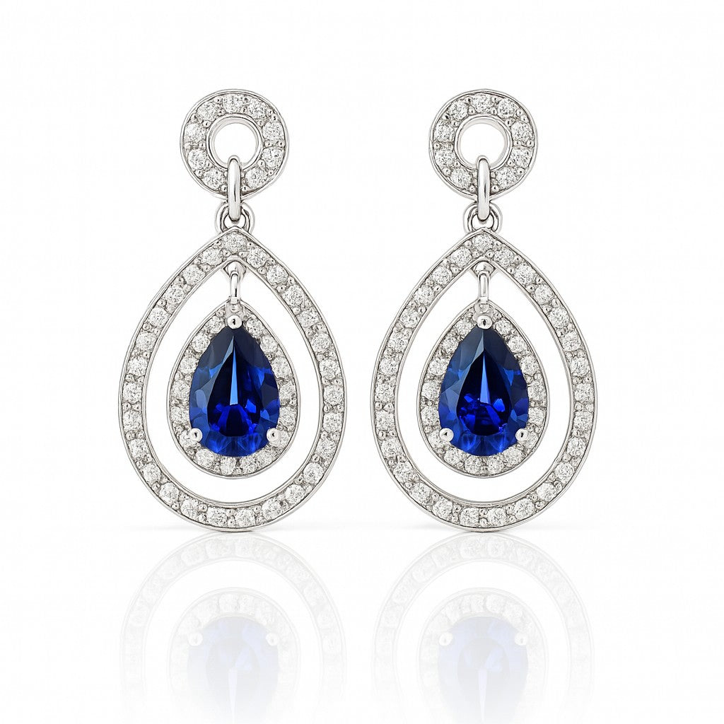 Blue Celeste — Pear Sapphire Double-Halo Drops — Ministry of Gems