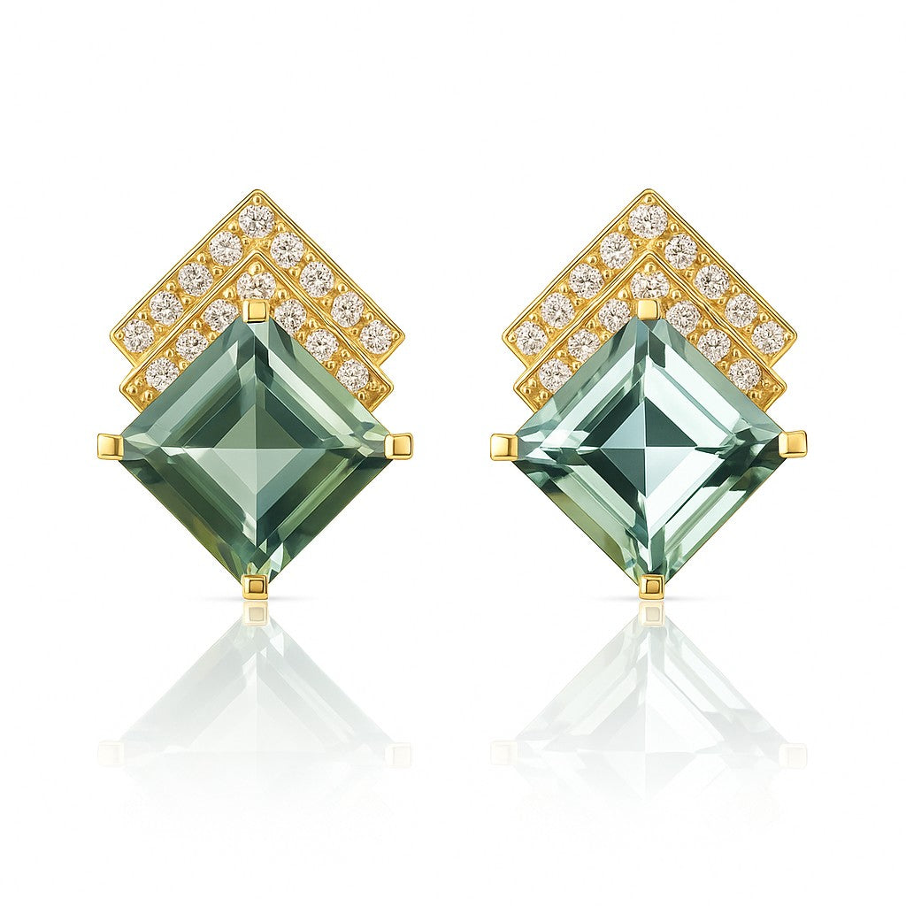 Princess Green Amethyst Deco Studs, Yellow Gold — Ministry of Gems