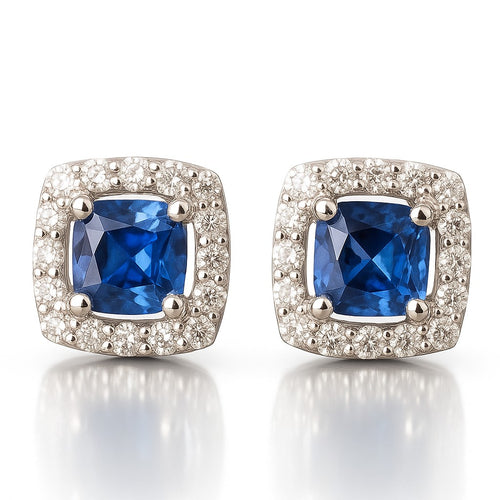 Astoria — Cushion Blue Sapphire Halo Studs — Ministry of Gems