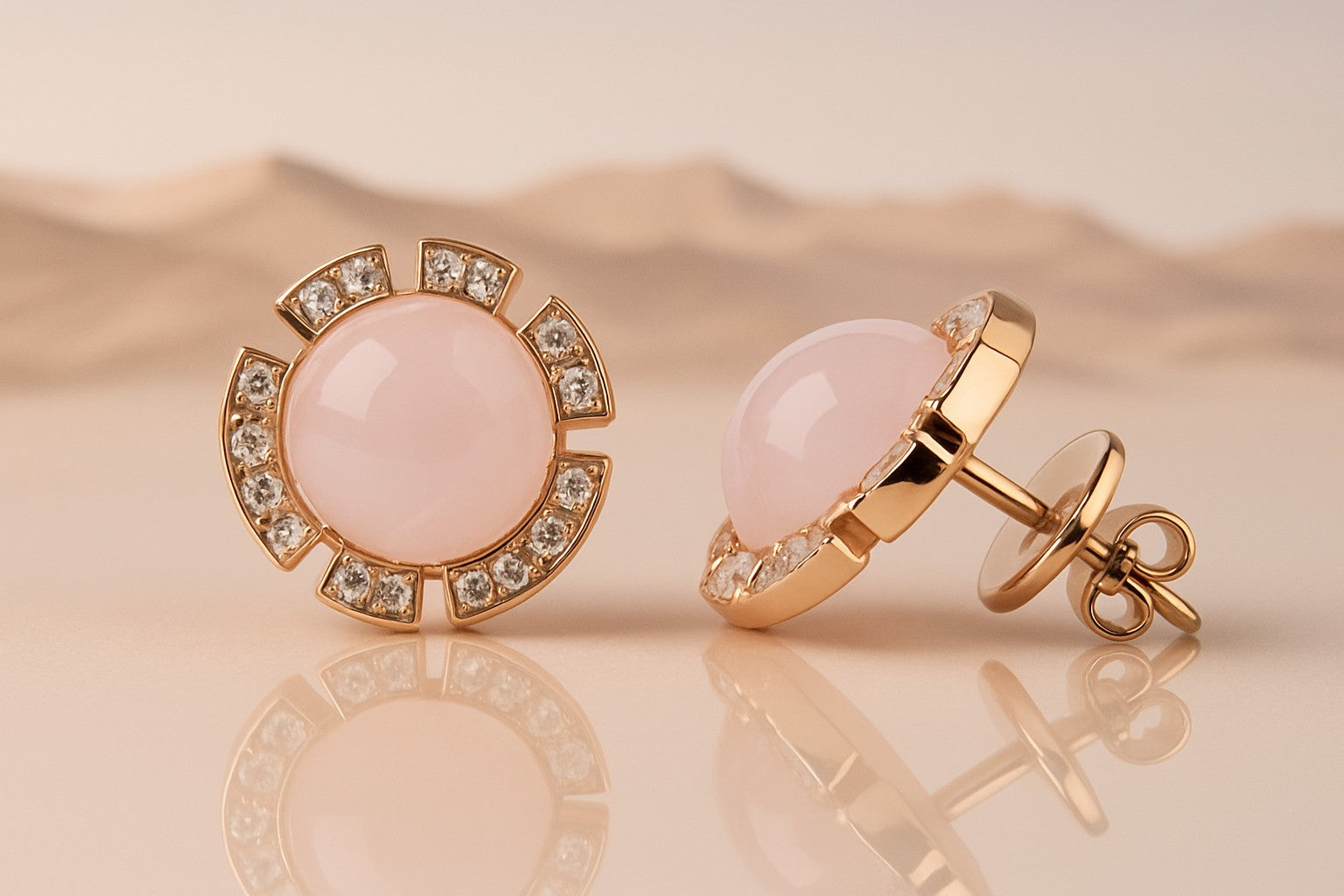 Lunaria Rosé — Rose Quartz Cabochon Halo Studs — Ministry of Gems