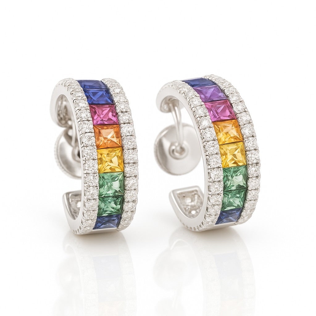 Rainbow Sapphire & Diamond Huggie Hoops — Ministry of Gems