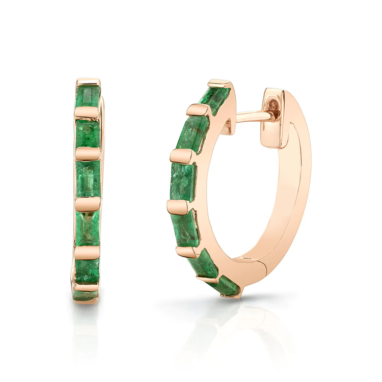 Emerald Baguette Huggies Rose Gold — Ministry of Gems exclusive design