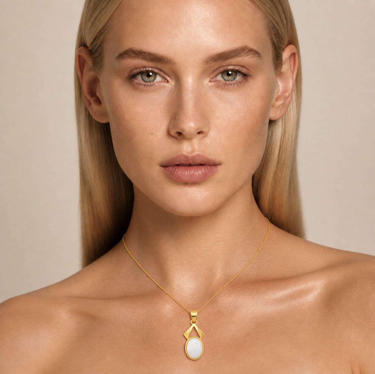 Model wearing the Lantern Oval I australian opal pendant in Gold-Plated Sterling Silver — Ministry of Gems