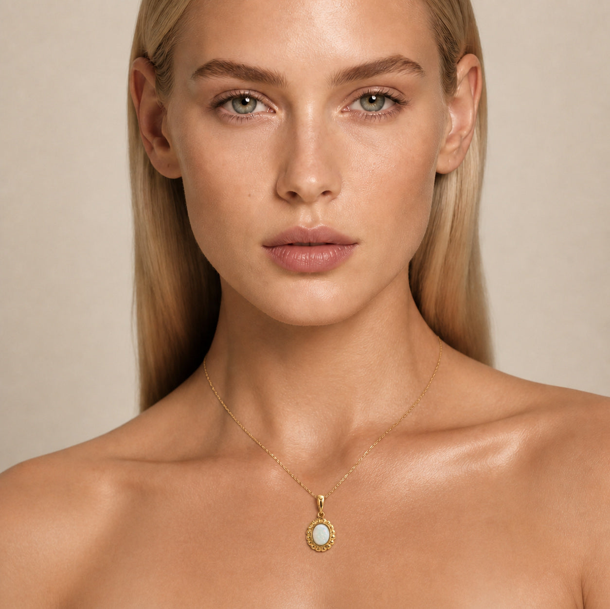 Model wearing the Lantern Oval III australian opal pendant in Gold-Plated Sterling Silver — Ministry of Gems
