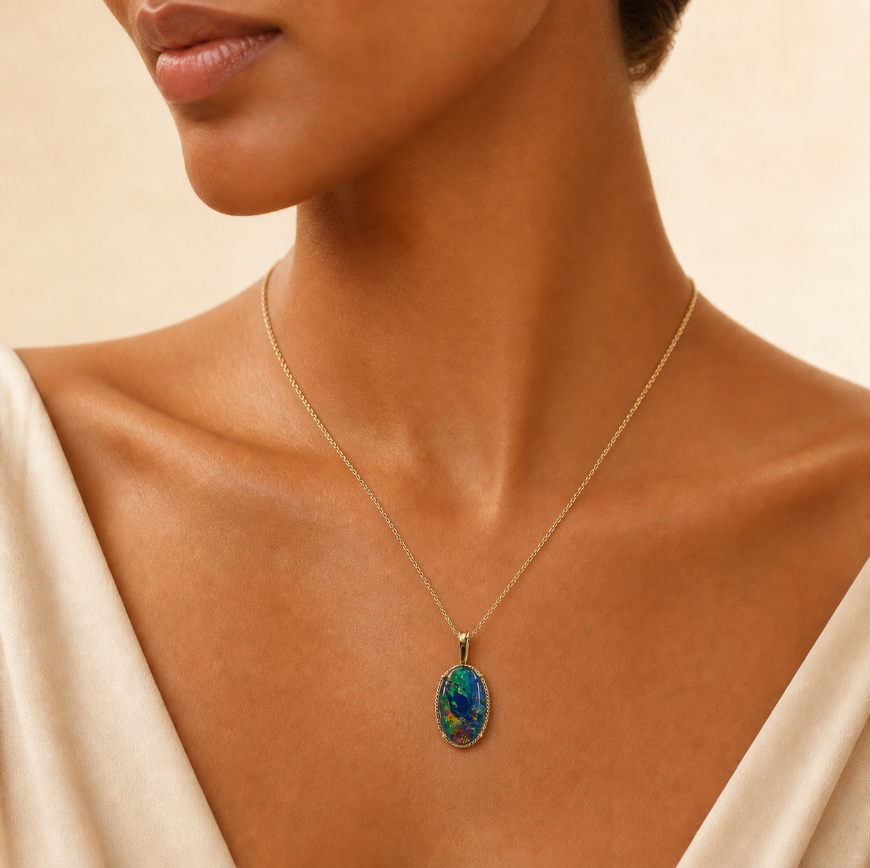 Model wearing the Nightfield Oval australian opal pendant in 14K Gold — Ministry of Gems