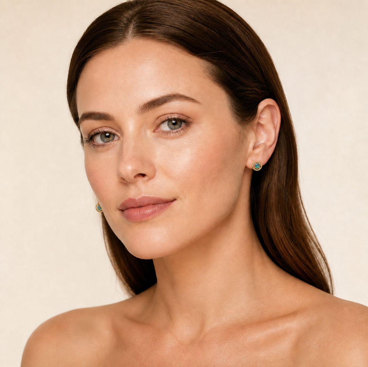 Model wearing the Quiet Flash australian opal earrings in 14K Gold — Ministry of Gems
