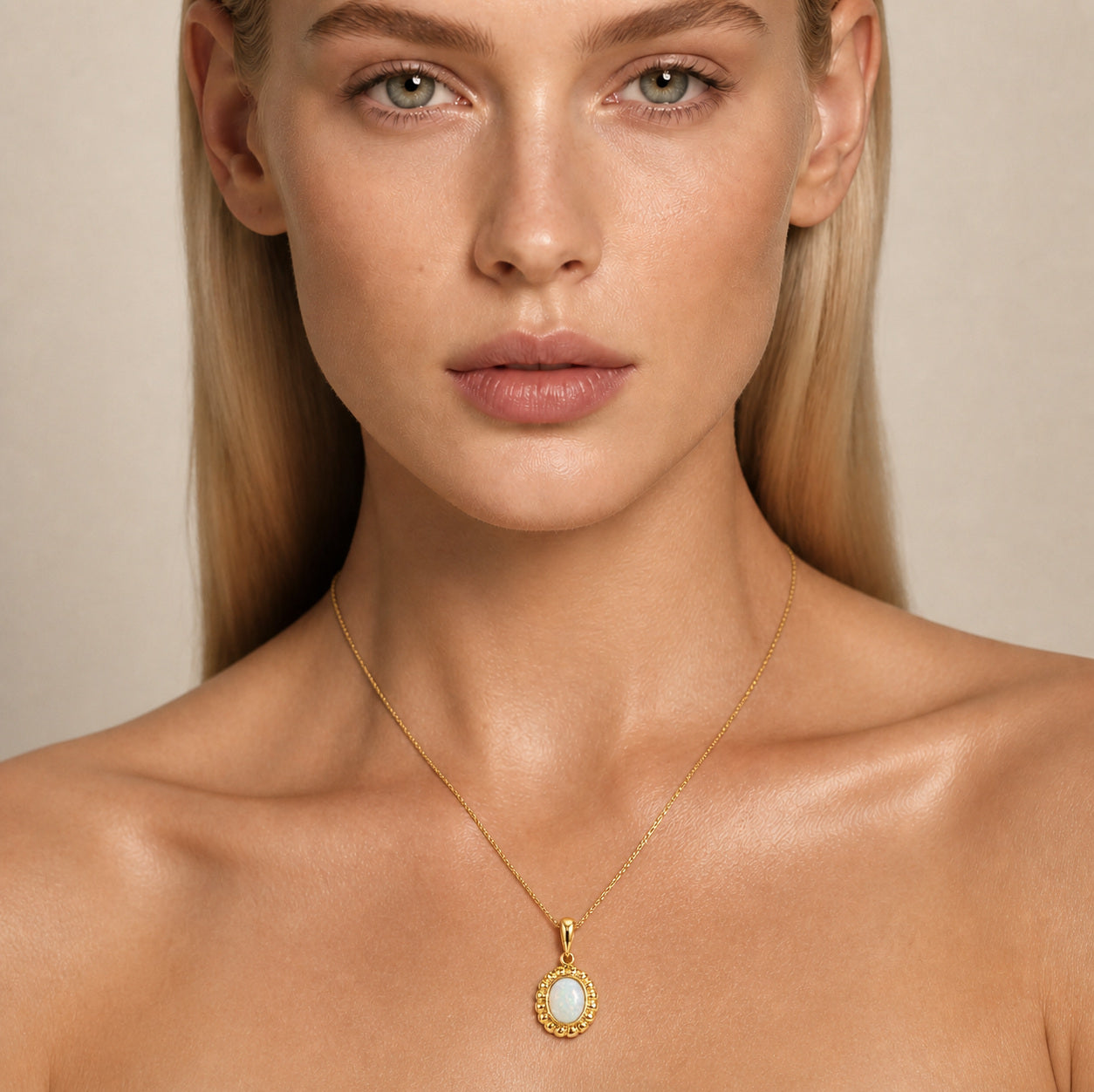 Model wearing the Gilded Halo australian opal pendant in Gold-Plated Sterling Silver — Ministry of Gems