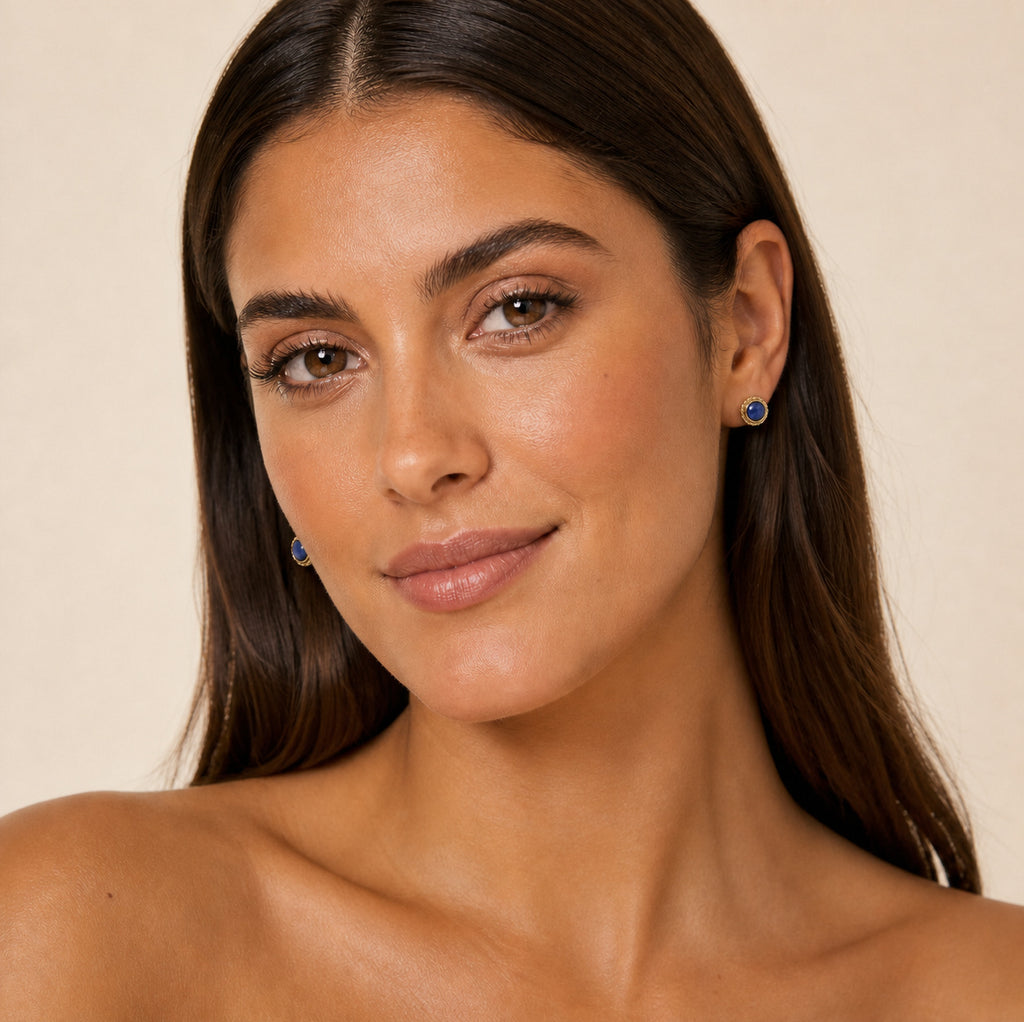 Model wearing the Blue Ember australian opal earrings in 14K Gold — Ministry of Gems