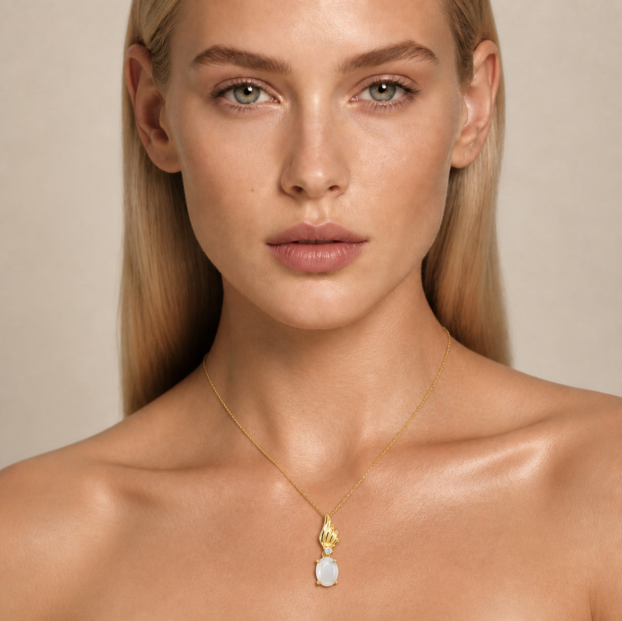 Model wearing the Suspended Pear II australian opal pendant in Gold-Plated Sterling Silver — Ministry of Gems