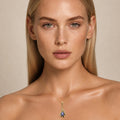 Model wearing the Suspended Pear III australian opal pendant in Gold-Plated Sterling Silver — Ministry of Gems
