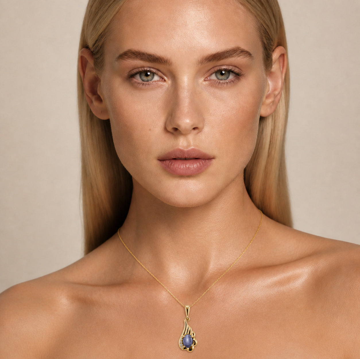 Model wearing the Suspended Pear III australian opal pendant in Gold-Plated Sterling Silver — Ministry of Gems