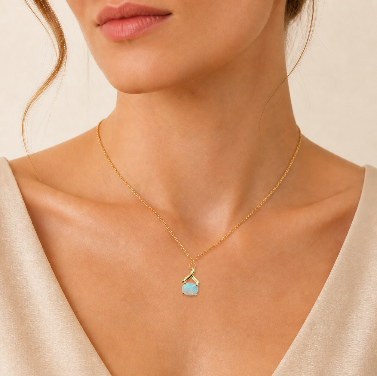 Model wearing the Golden Sweep australian opal pendant in 18K Gold — Ministry of Gems