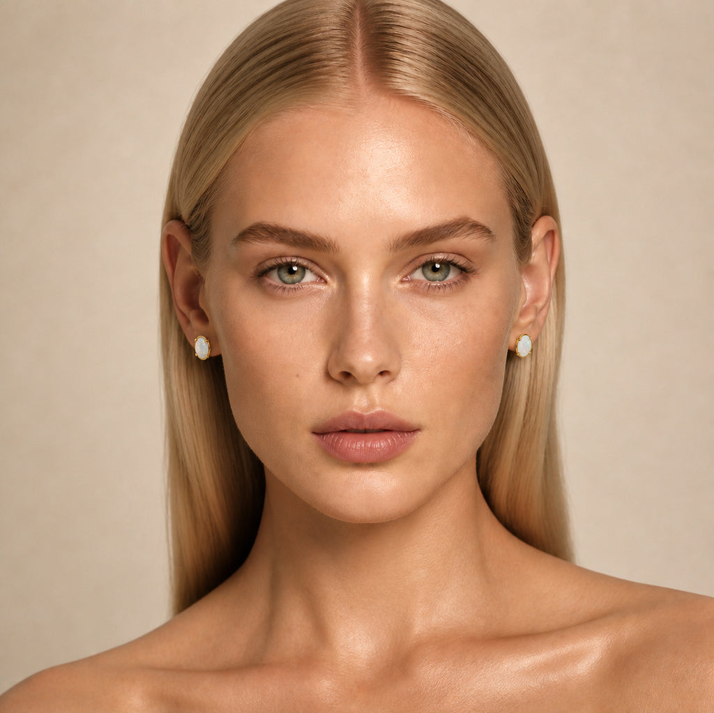 14K Gold australian opal earrings worn — styling reference, Ministry of Gems Australian Opal Collection