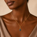 Model wearing the Goldline II australian opal pendant in 14K Gold — Ministry of Gems