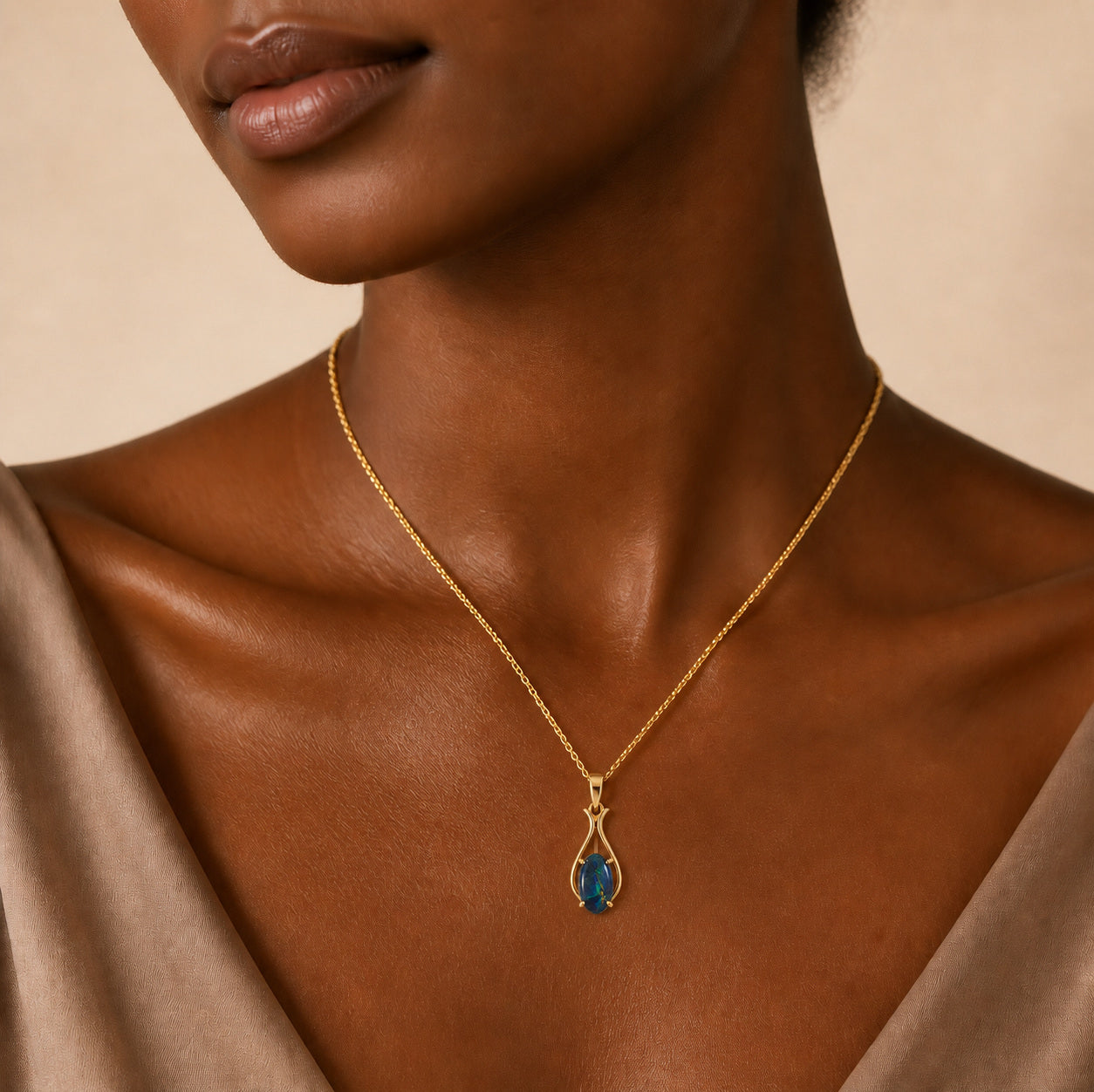 Model wearing the Goldline II australian opal pendant in 14K Gold — Ministry of Gems