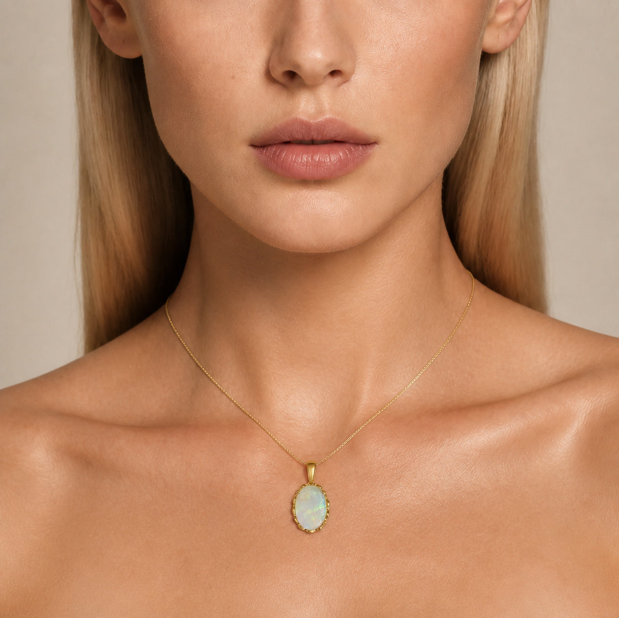 Model wearing the Southern Sky III australian opal pendant in 14K Gold — Ministry of Gems