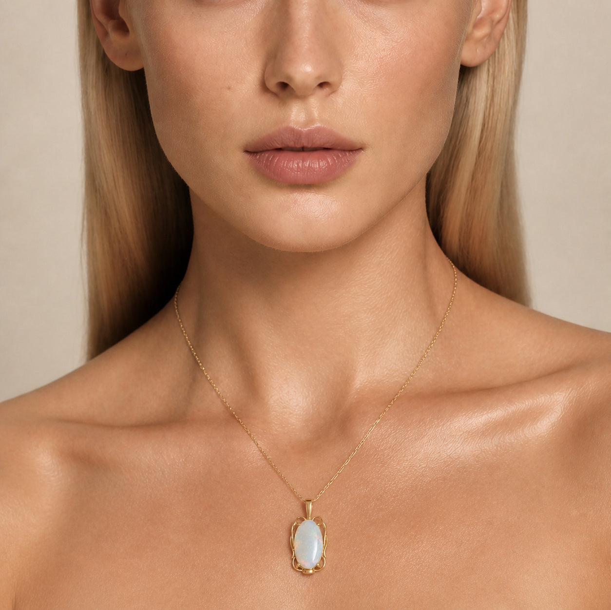 Model wearing the Southern Sky V australian opal pendant in 14K Gold — Ministry of Gems