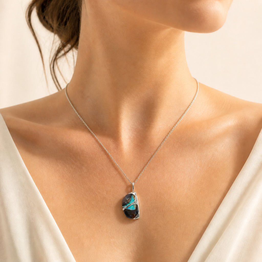 Model wearing the Ironstone Country III boulder opal pendant in Gold-Plated Sterling Silver — Ministry of Gems