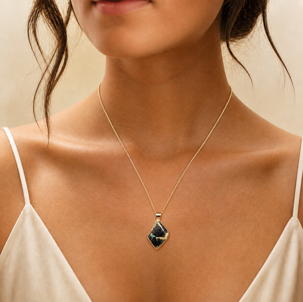 Model wearing the Boulder Shard I boulder opal pendant in Gold-Plated Sterling Silver — Ministry of Gems