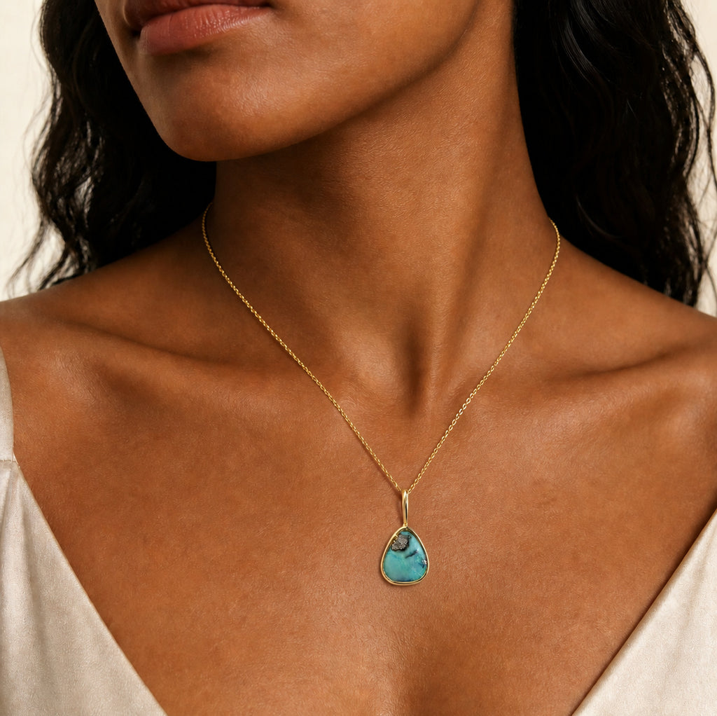 Model wearing the Boulder Shard IV boulder opal pendant in Gold-Plated Sterling Silver — Ministry of Gems
