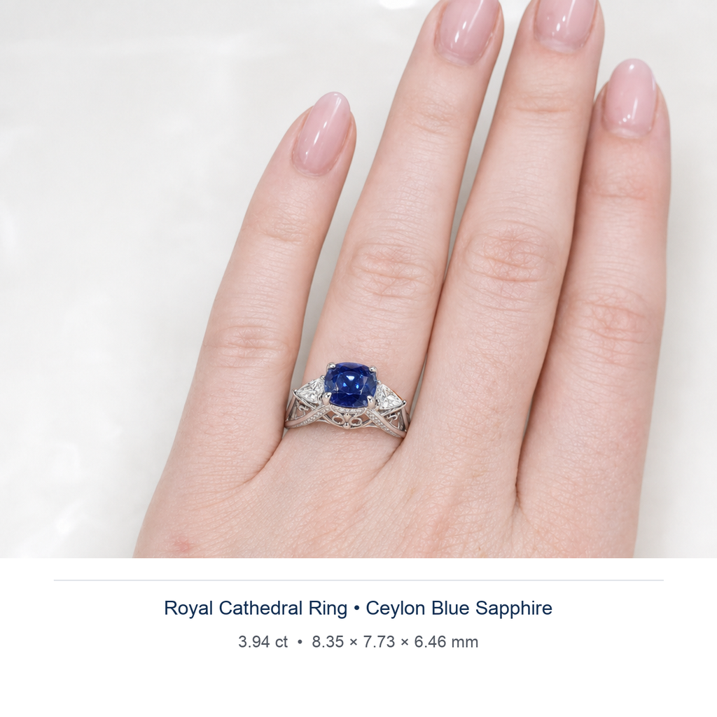 Royal Blue sapphire 3.94ct — Royal Cathedral design visualisation worn on hand (not a photograph of the stone), Ministry of Gems