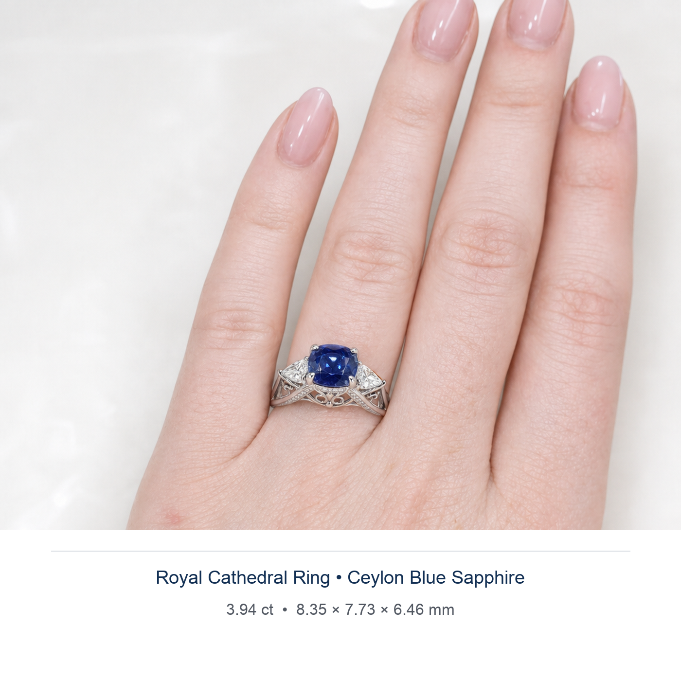 Royal Blue sapphire 3.94ct — Royal Cathedral design visualisation worn on hand (not a photograph of the stone), Ministry of Gems