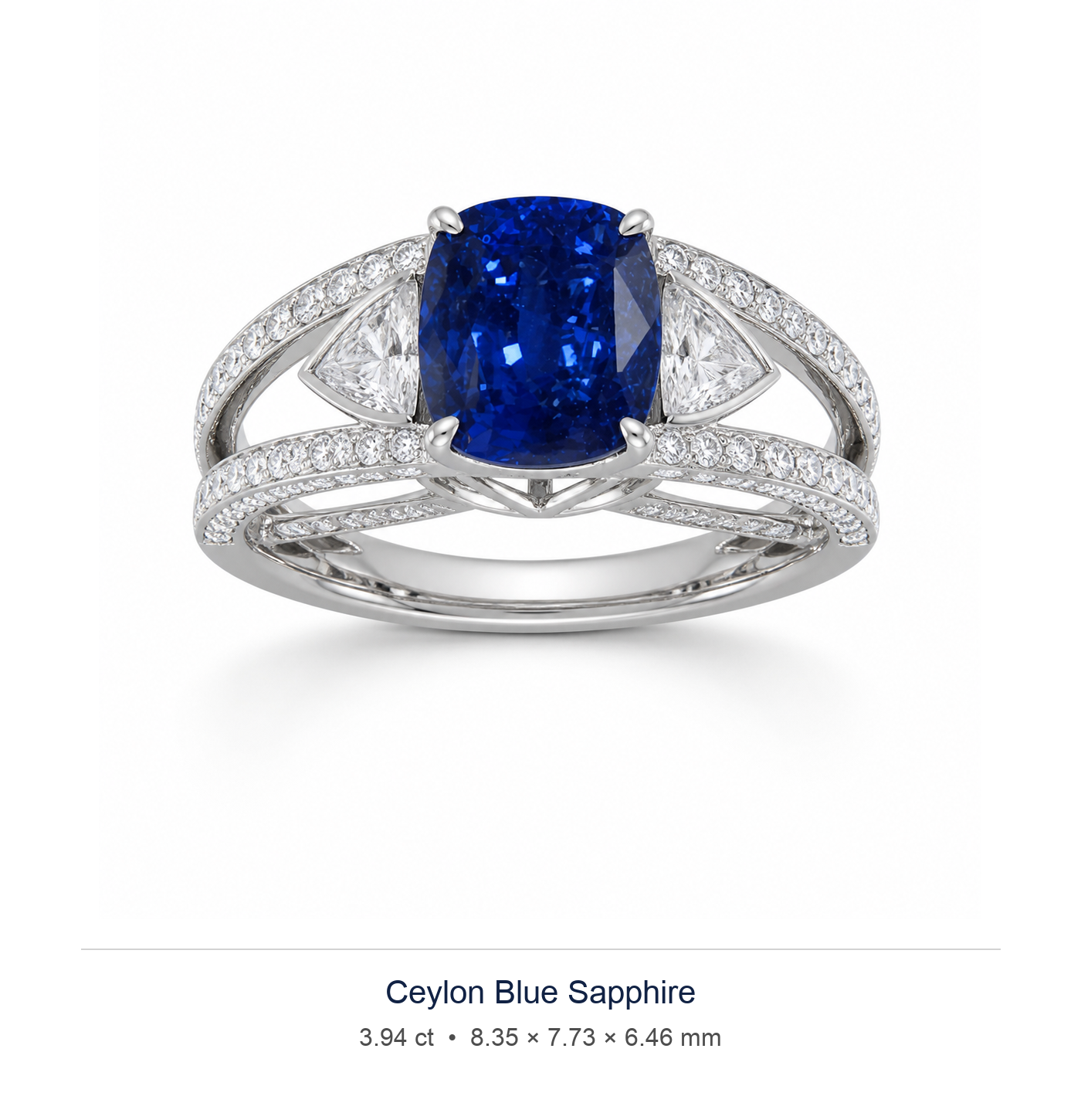 Royal Blue sapphire 3.94ct — Split-Shank Halo design visualisation (not a photograph of the stone), Ministry of Gems