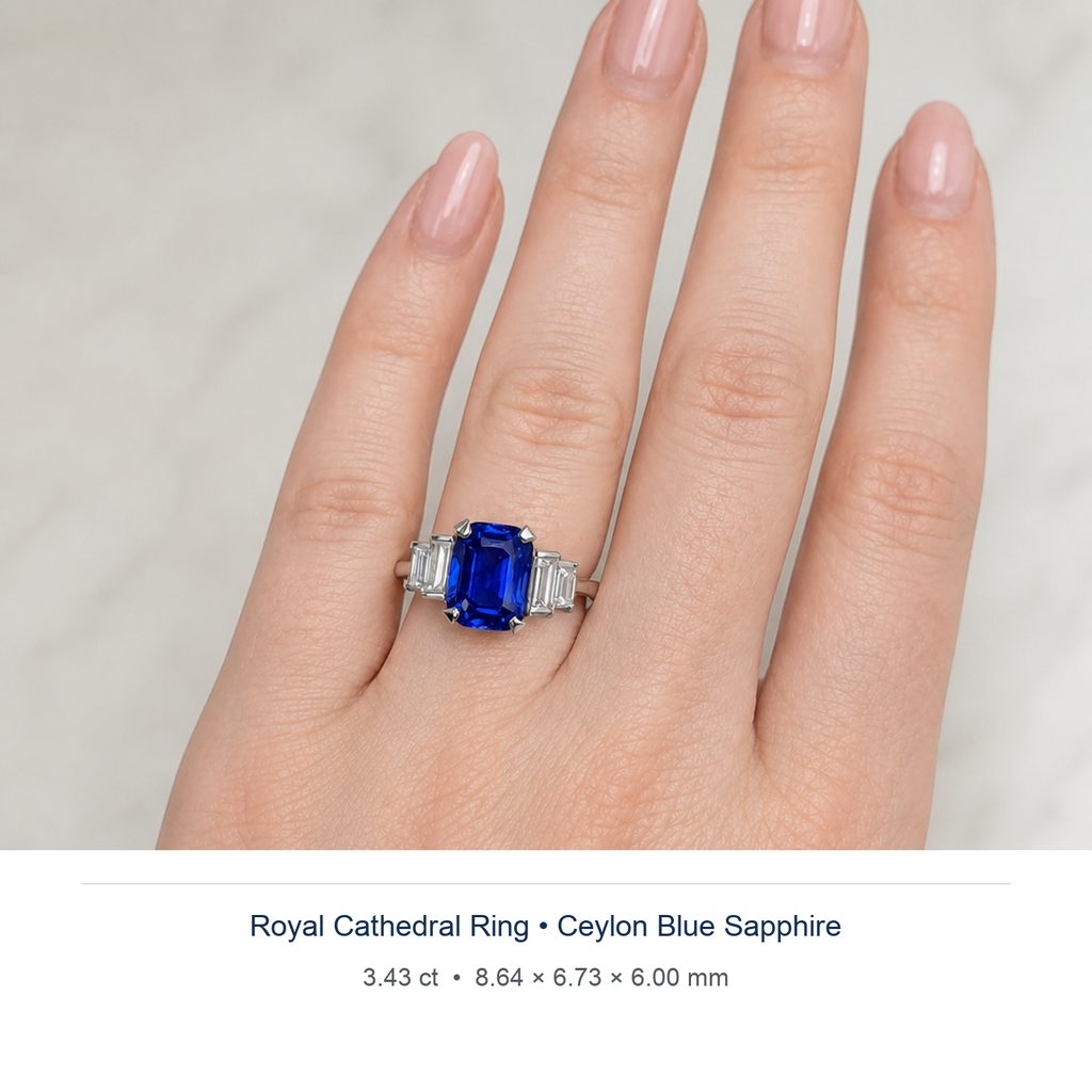 Royal Blue sapphire 3.43ct — Royal Cathedral design visualisation worn on hand (not a photograph of the stone), Ministry of Gems