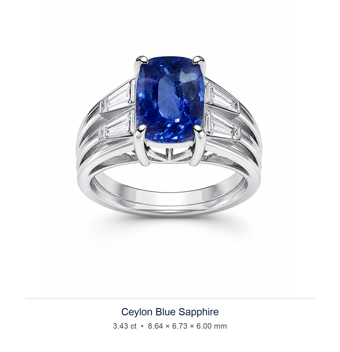 Royal Blue sapphire 3.43ct — Split-Shank Halo design visualisation (not a photograph of the stone), Ministry of Gems