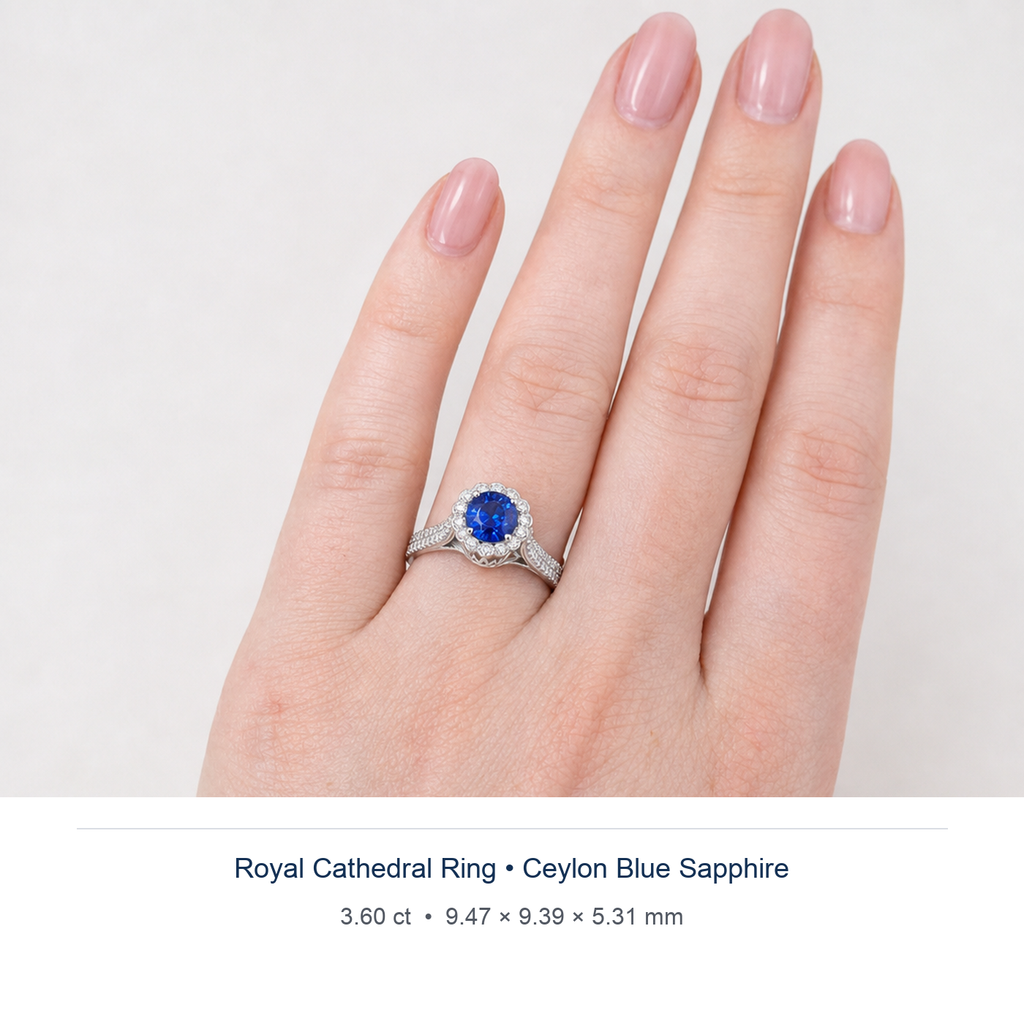 Royal Blue sapphire 3.60ct — Royal Cathedral design visualisation worn on hand (not a photograph of the stone), Ministry of Gems