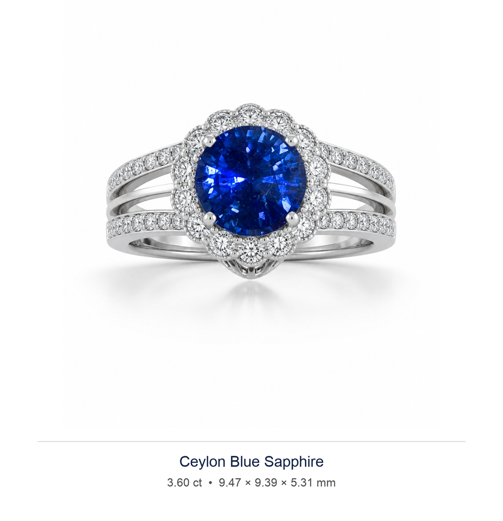 Royal Blue sapphire 3.60ct — Split-Shank Halo design visualisation (not a photograph of the stone), Ministry of Gems