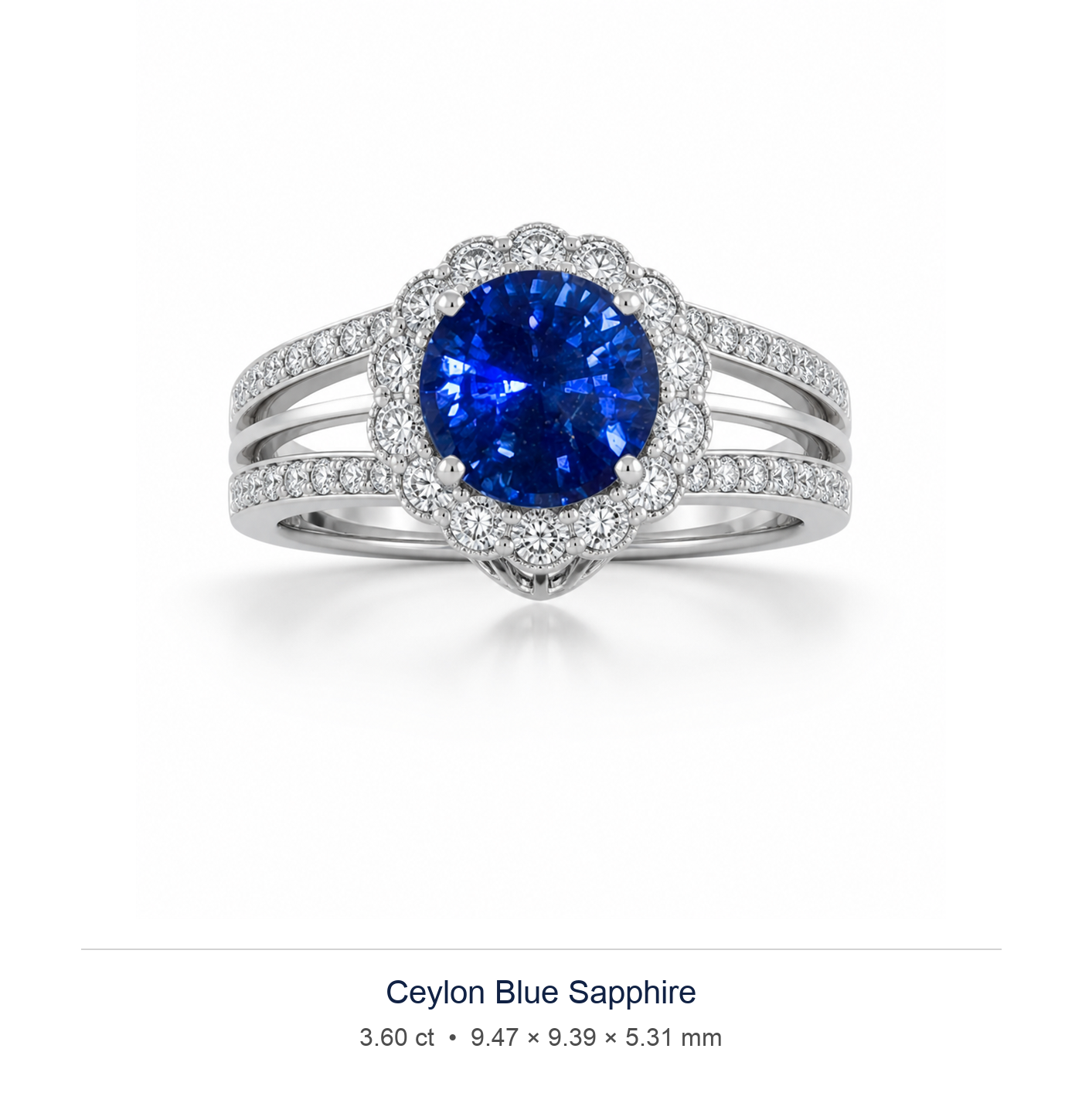 Royal Blue sapphire 3.60ct — Split-Shank Halo design visualisation (not a photograph of the stone), Ministry of Gems