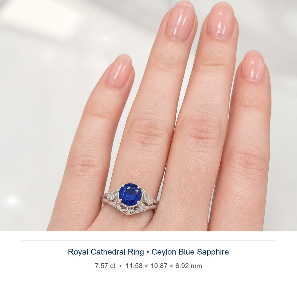 Cornflower Blue sapphire 7.57ct — Royal Cathedral design visualisation worn on hand (not a photograph of the stone), Ministry of Gems