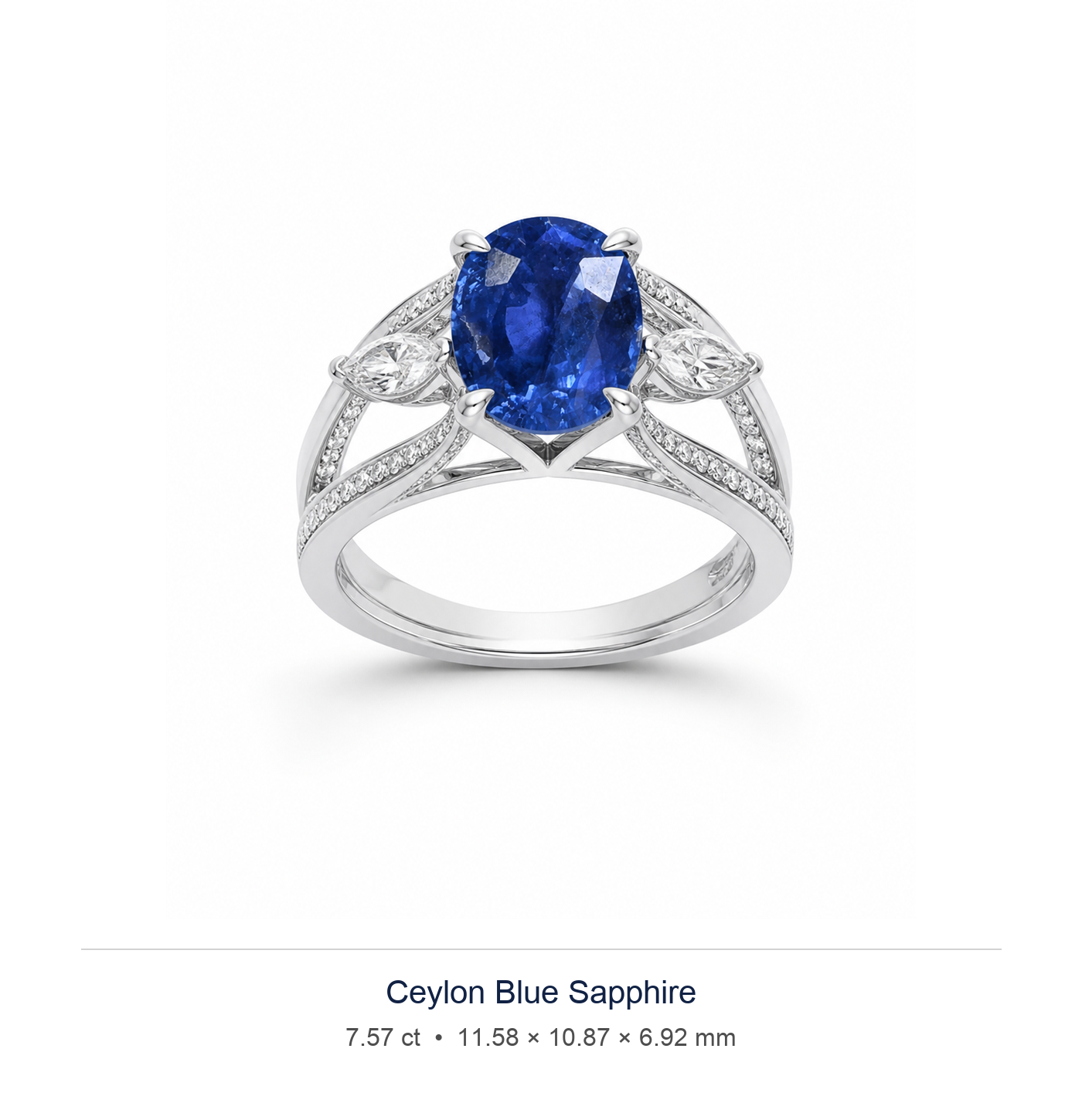 Cornflower Blue sapphire 7.57ct — Split-Shank Halo design visualisation (not a photograph of the stone), Ministry of Gems
