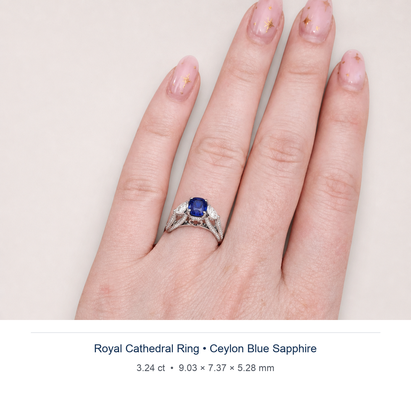 Royal Blue sapphire 3.24ct — Royal Cathedral design visualisation worn on hand (not a photograph of the stone), Ministry of Gems
