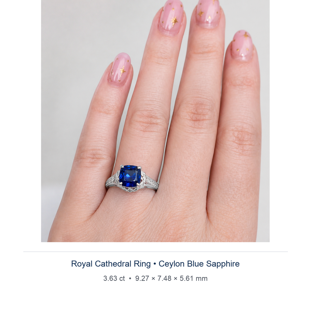 Royal Blue sapphire 3.63ct — Royal Cathedral design visualisation worn on hand (not a photograph of the stone), Ministry of Gems