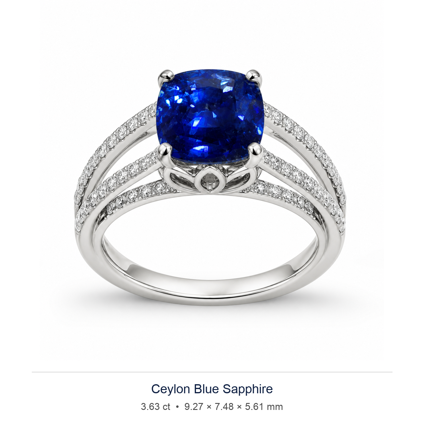 Royal Blue sapphire 3.63ct — Split-Shank Halo design visualisation (not a photograph of the stone), Ministry of Gems