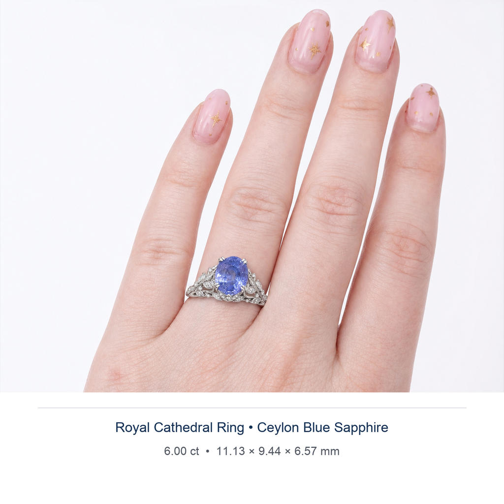 Cornflower Blue sapphire 6.00ct — Royal Cathedral design visualisation worn on hand (not a photograph of the stone), Ministry of Gems