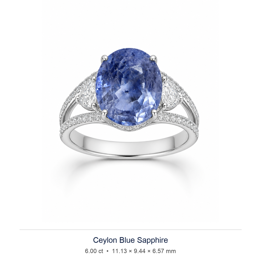 Cornflower Blue sapphire 6.00ct — Split-Shank Halo design visualisation (not a photograph of the stone), Ministry of Gems