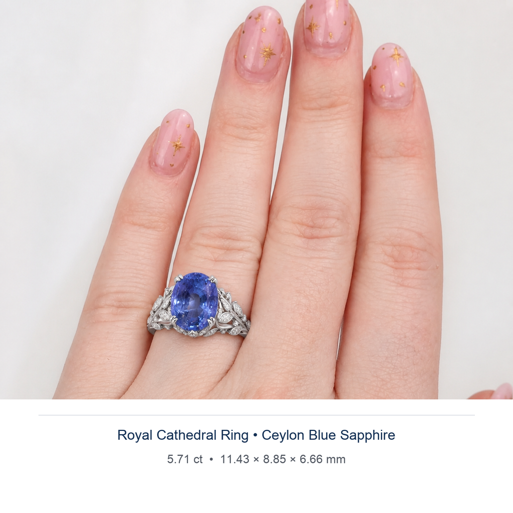 Cornflower Blue sapphire 5.71ct — Royal Cathedral design visualisation worn on hand (not a photograph of the stone), Ministry of Gems