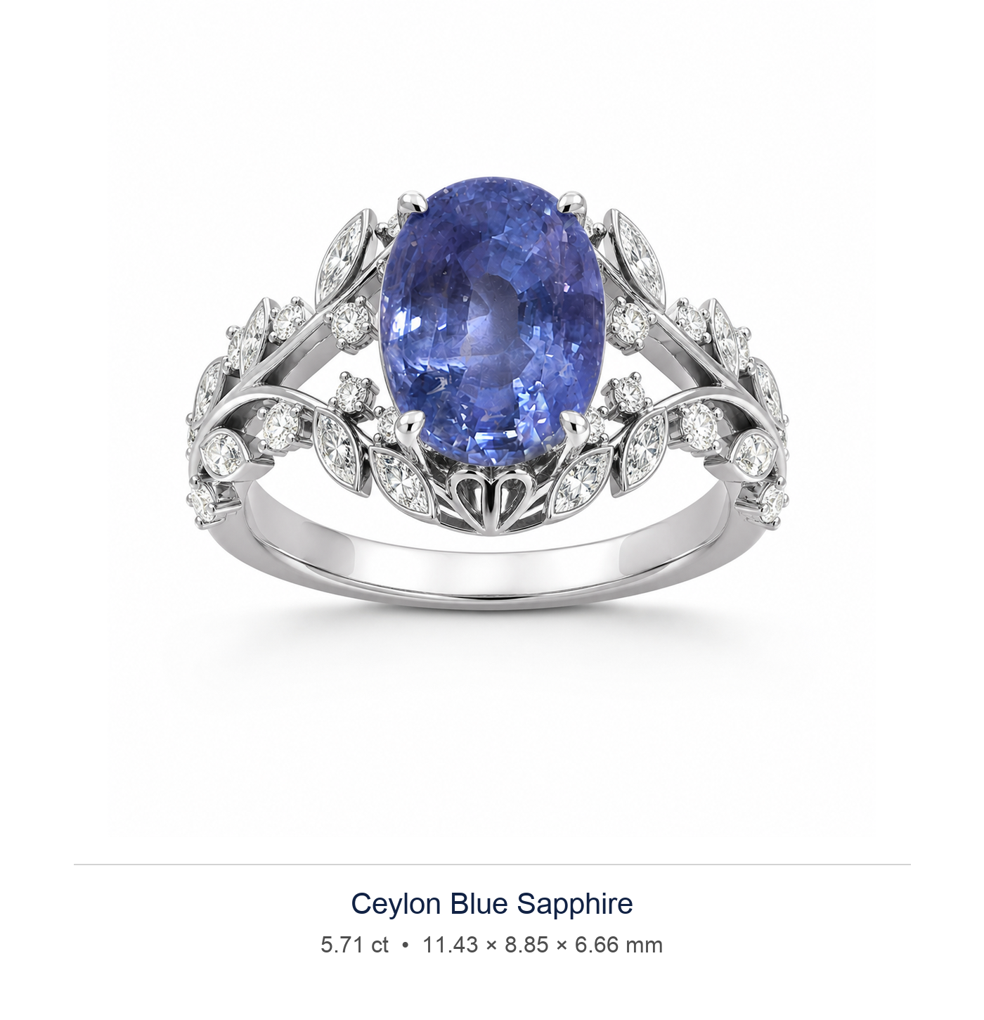 Cornflower Blue sapphire 5.71ct — Split-Shank Halo design visualisation (not a photograph of the stone), Ministry of Gems
