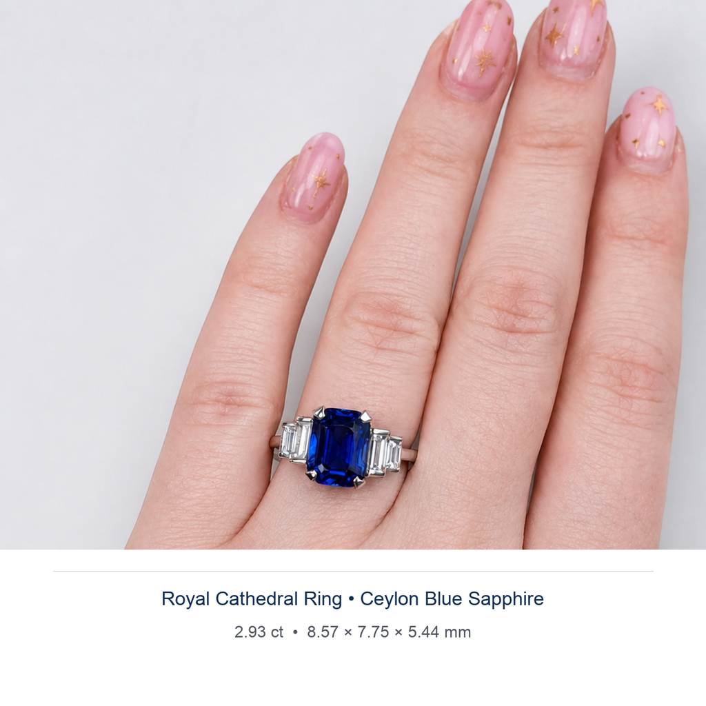 Royal Blue sapphire 2.93ct — Royal Cathedral design visualisation worn on hand (not a photograph of the stone), Ministry of Gems