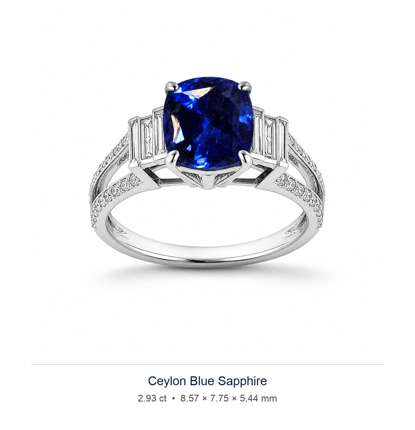 Royal Blue sapphire 2.93ct — Split-Shank Halo design visualisation (not a photograph of the stone), Ministry of Gems